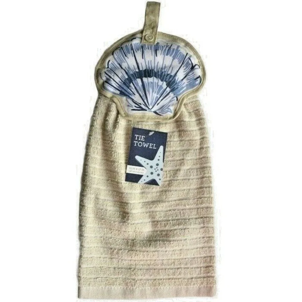 Shell Hanging Kitchen Dish Towel Set Of 2 Button Tie Beige Summer Beach House